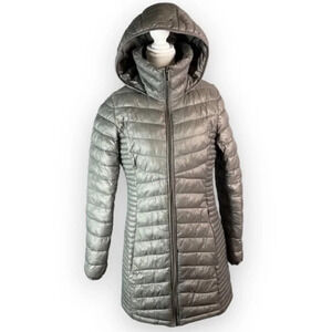 DKNY Lightweight Puffer Jacket Packable 3/4 Length Hooded Poly Fill Grey Size S